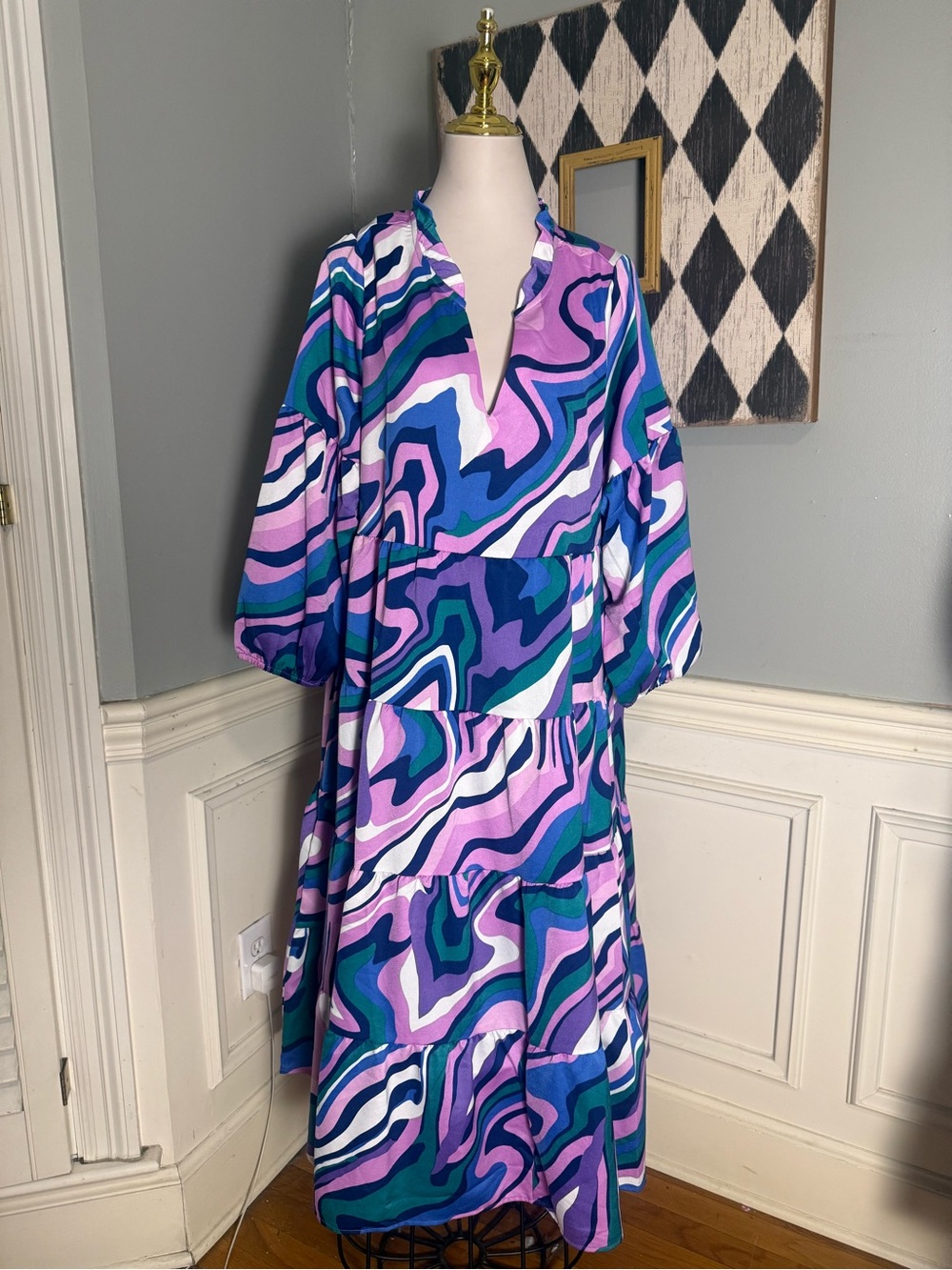Michelle McDowell XL Abstract Swirl Tiered Maxi Dress Boho NWT